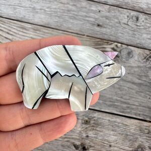 Vintage Mother Of Pearl Shell PIG BROOCH 2.5” Pin White Piglet